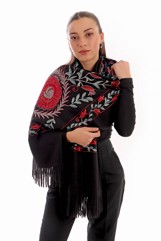 Black Embroidered Winter Shawl - 2
