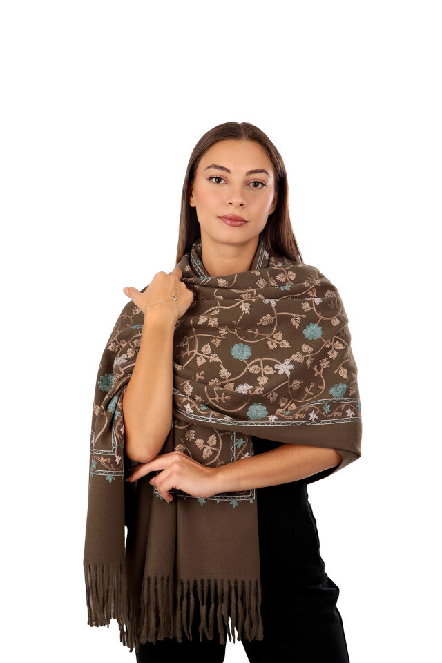 Brown Embroidered Winter Shawl - 1