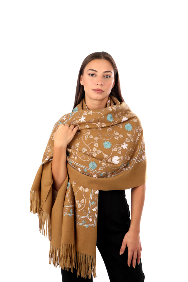 Dark Mustard Embroidered Winter Shawl - 1