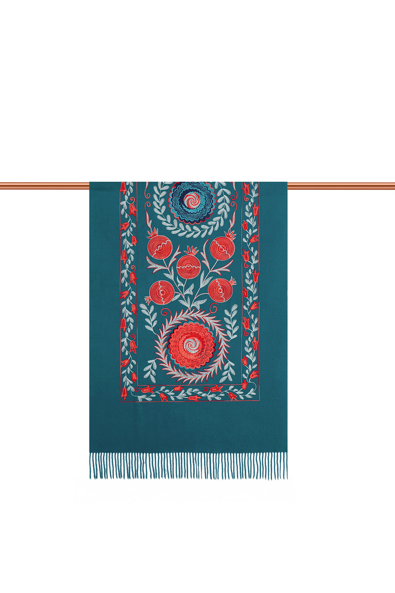 Petrol Blue Embroidered Winter Shawl - 3