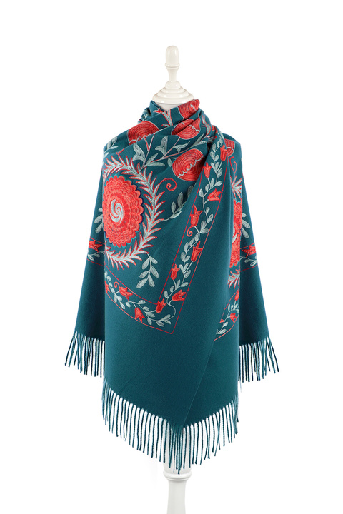 Petrol Blue Embroidered Winter Shawl 