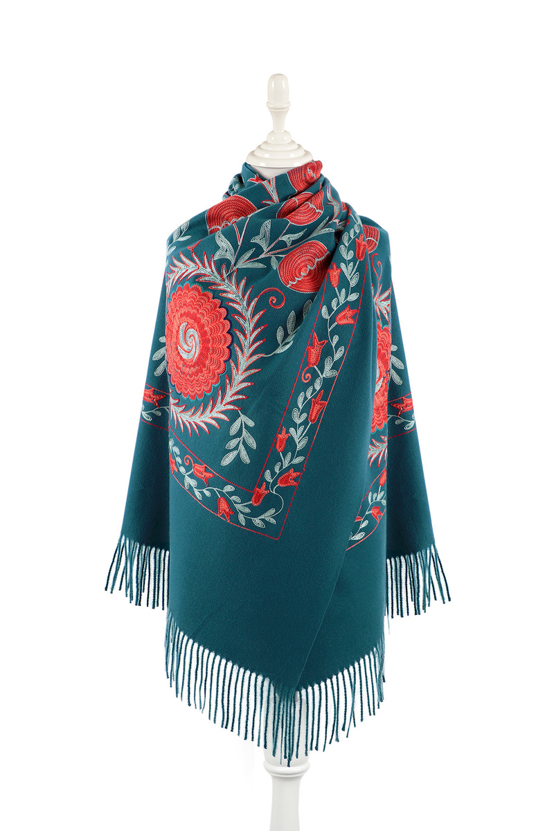 Petrol Blue Embroidered Winter Shawl - 1