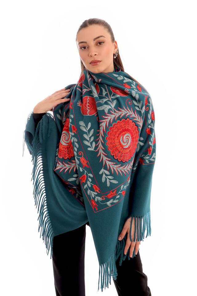 Petrol Blue Embroidered Winter Shawl - 2