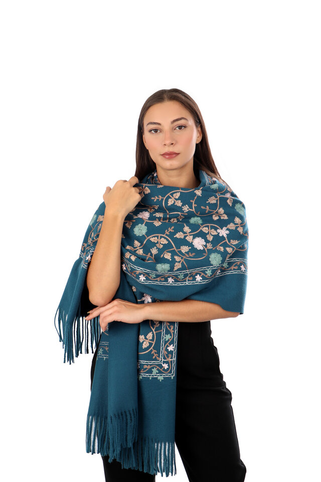 Petrol Blue Embroidered Winter Shawl 