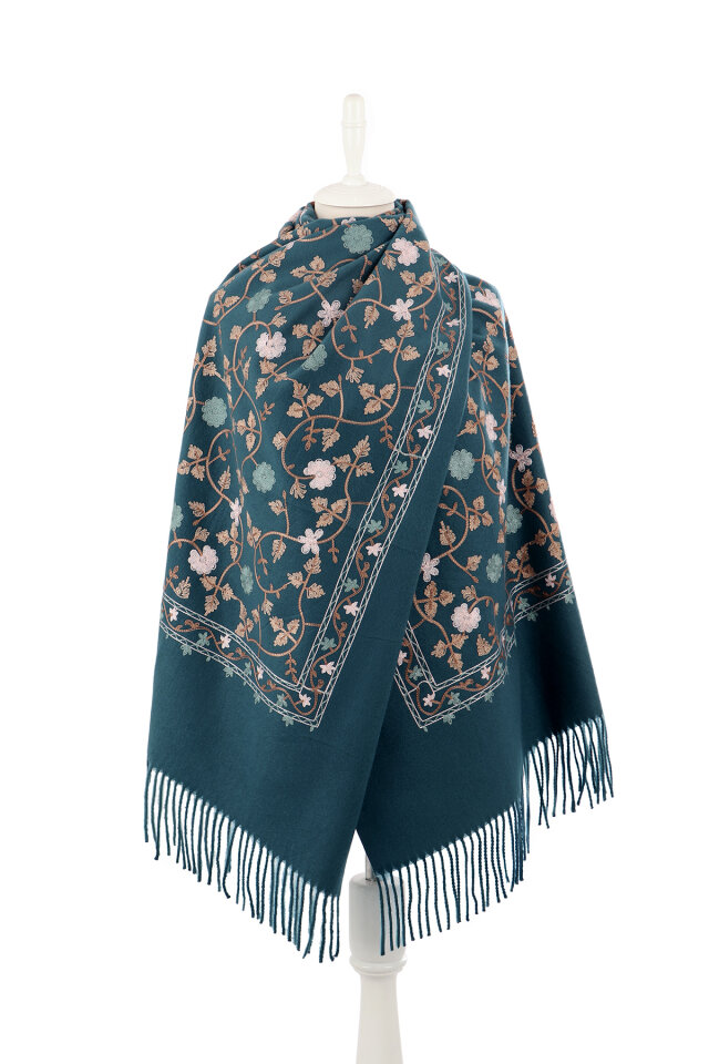 Petrol Blue Embroidered Winter Shawl - 2