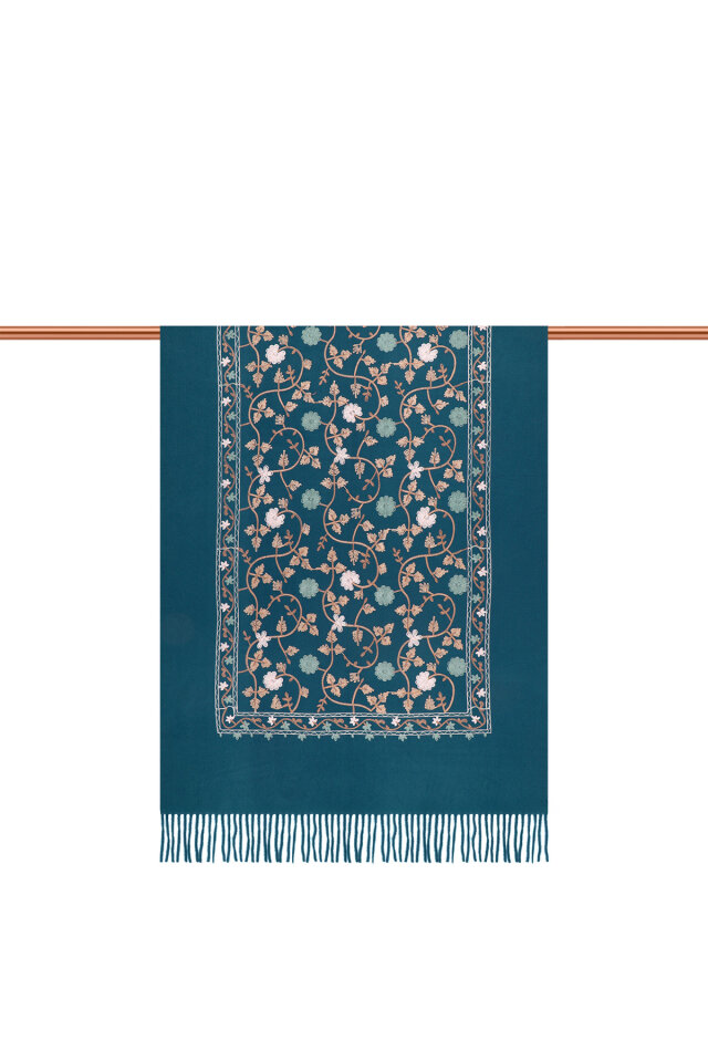 Petrol Blue Embroidered Winter Shawl - 3