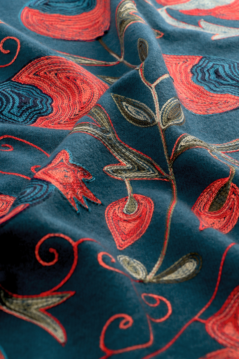 Petrol Blue Embroidered Winter Shawl - 3