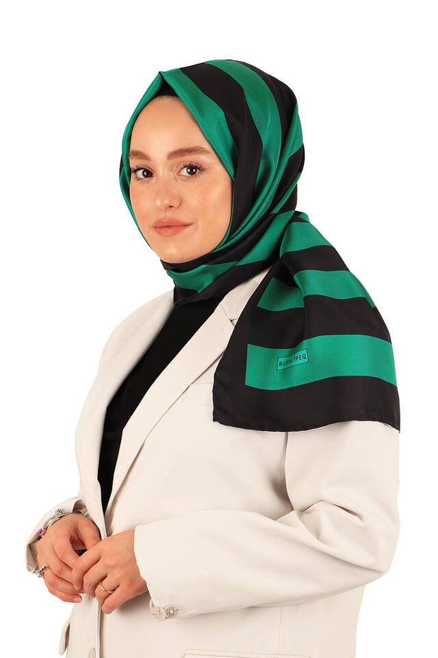 Emerald Stripe Pattern Twill Silk Scarf - 3