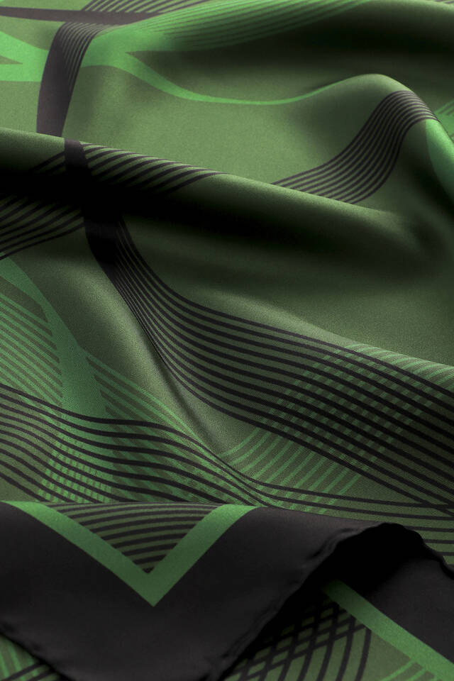 Emerald Turquoise Pattern Twill Silk Scarf - 4