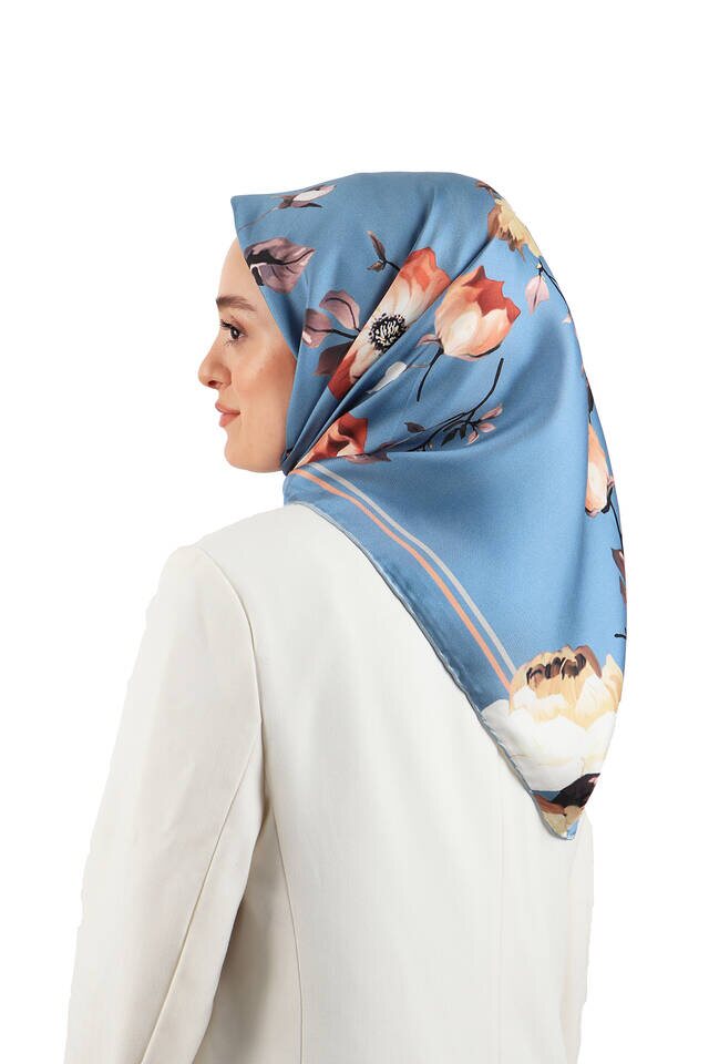 İndigo Floral Twill İpek Eşarp - 2