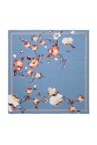 İndigo Floral Twill İpek Eşarp 
