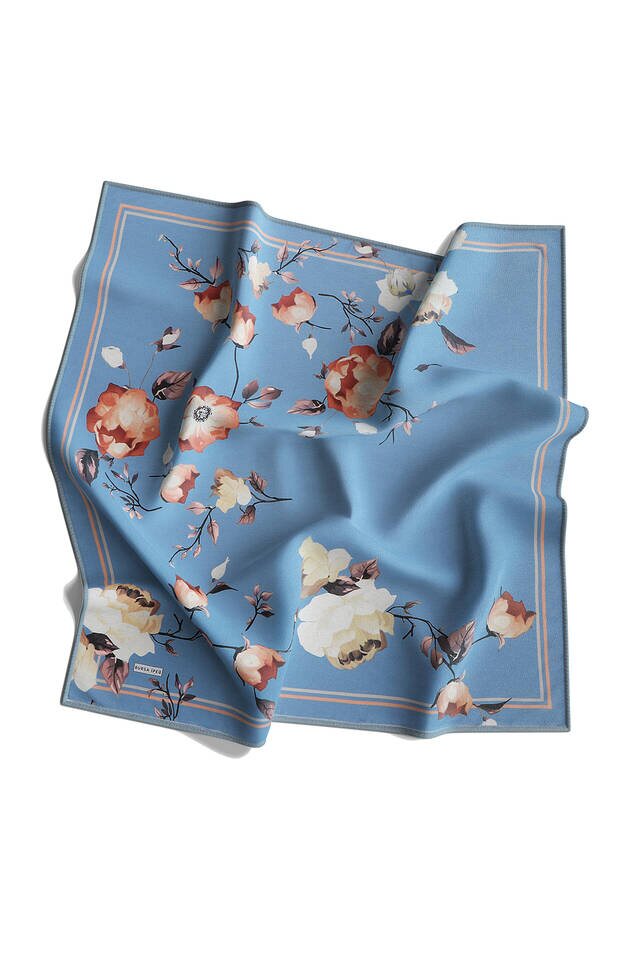 İndigo Floral Twill İpek Eşarp - 4