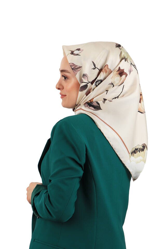Krem Floral Twill İpek Eşarp - 2