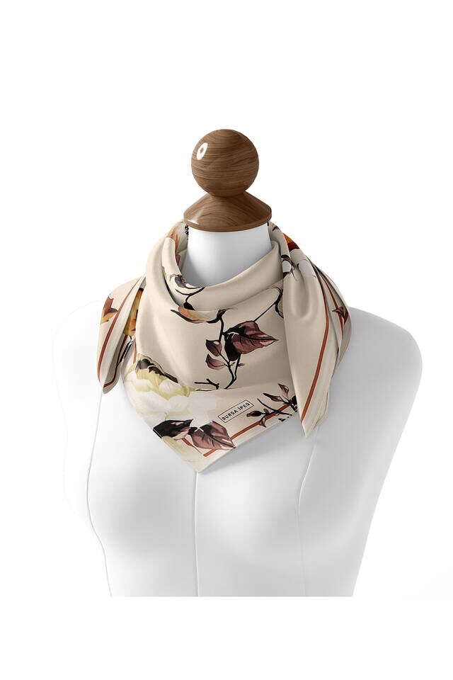 Krem Floral Twill İpek Eşarp - 3