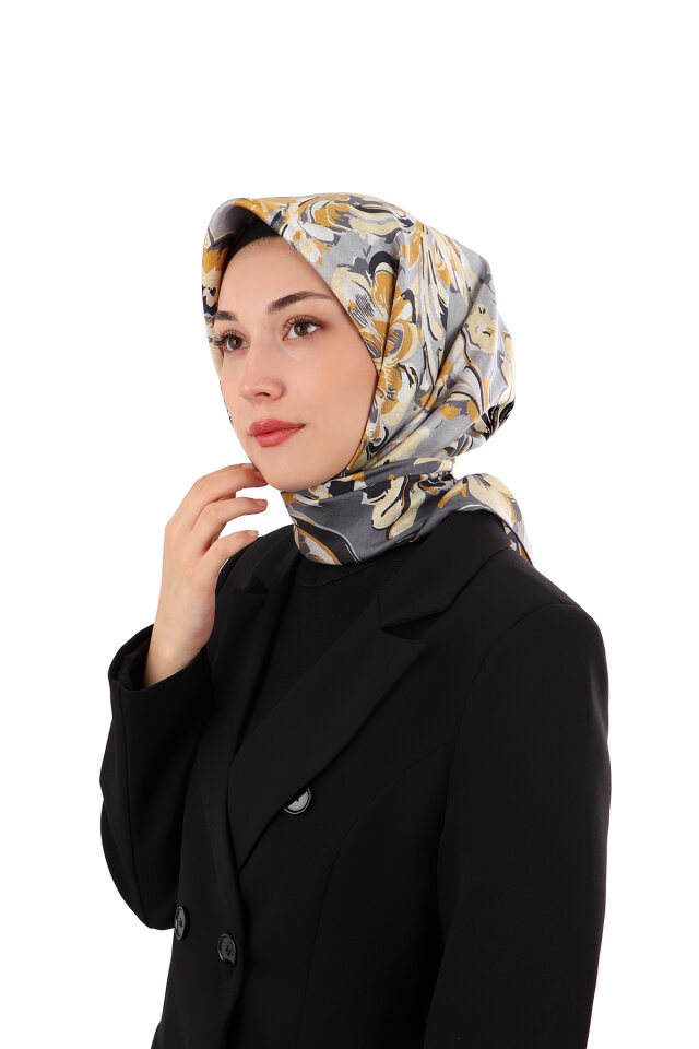 Gold Flower Desen Twill İpek Eşarp 