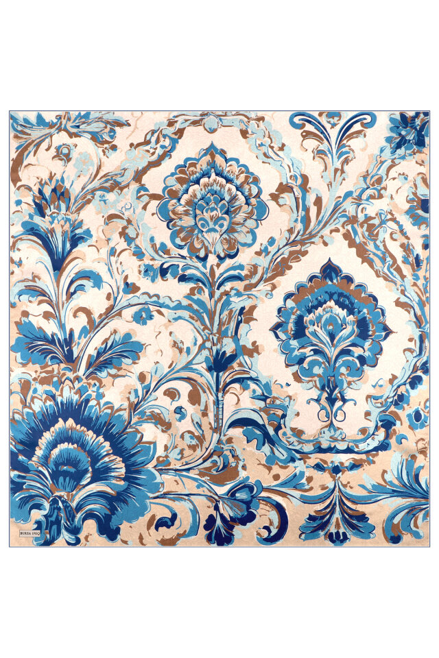 İndigo Flower Desen Twill İpek Eşarp - 2