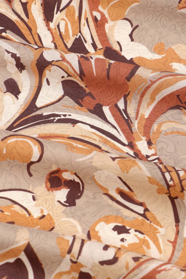 Kahverengi Flower Desen Twill İpek Eşarp - 3