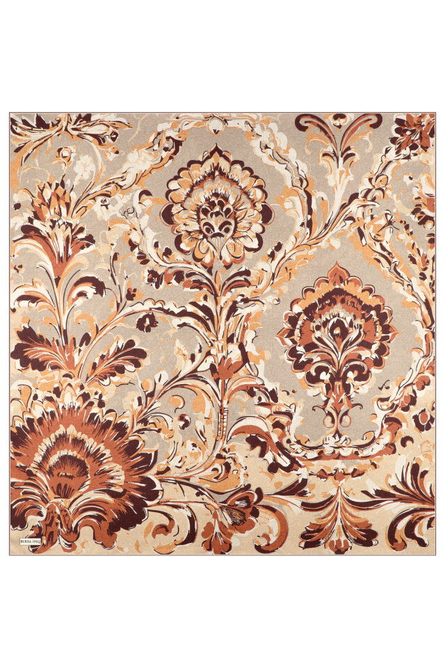 Kahverengi Flower Desen Twill İpek Eşarp - 2