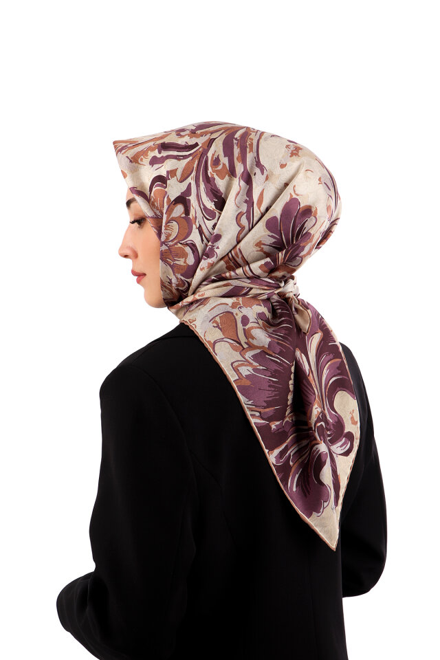 Krem Flower Desen Twill İpek Eşarp 