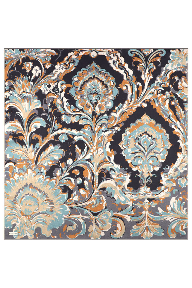 Siyah Flower Desen Twill İpek Eşarp - 2