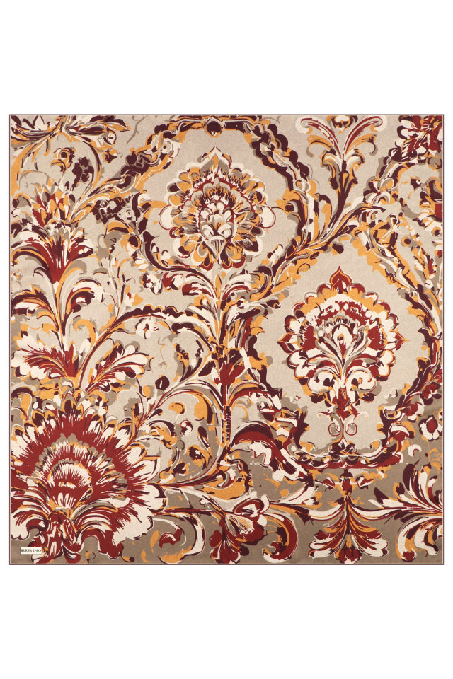 Beige Flower Pattern Twill Silk Scarf - 2