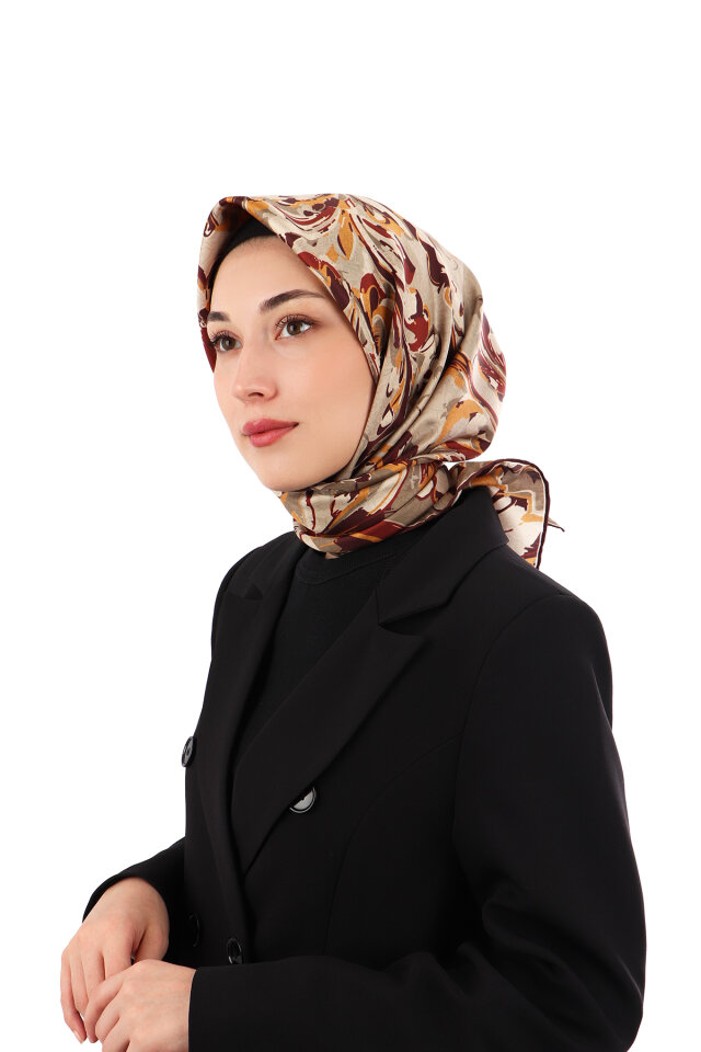 Beige Flower Pattern Twill Silk Scarf 