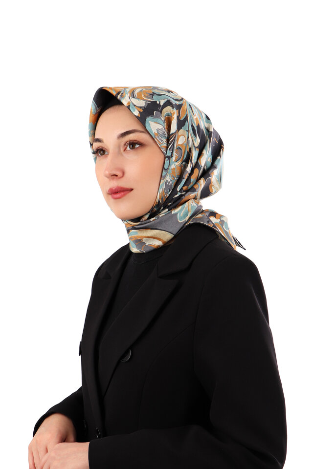 Black Flower Pattern Twill Silk Scarf 