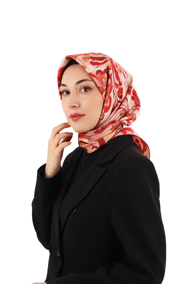 Burgundy Flower Pattern Twill Silk Scarf - Bursa İpek