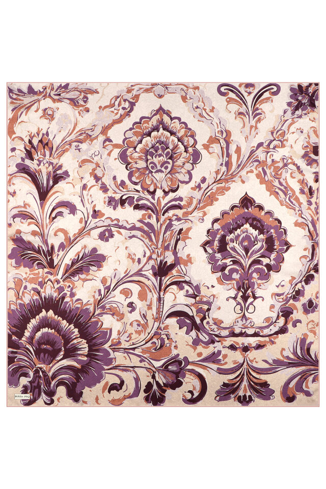 Cream Flower Pattern Twill Silk Scarf - 2