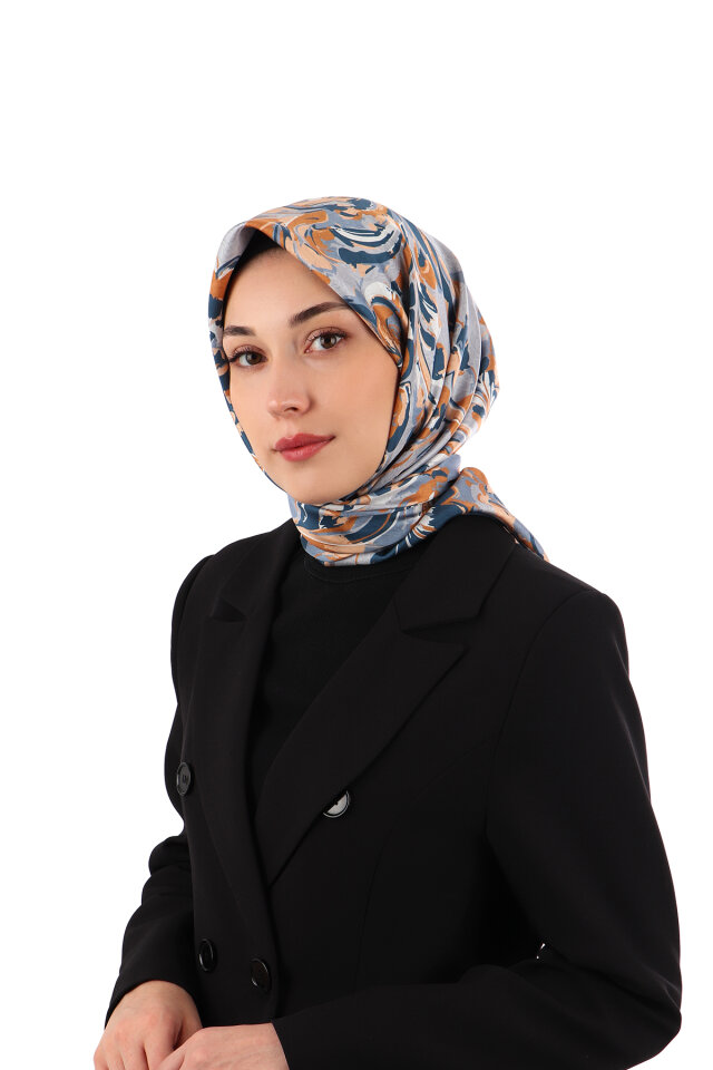 Ice Blue Flower Pattern Twill Silk Scarf 