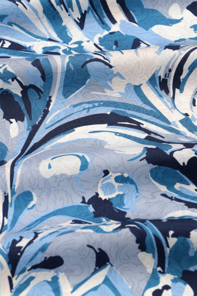 Navy Blue Flower Pattern Twill Silk Scarf - 3