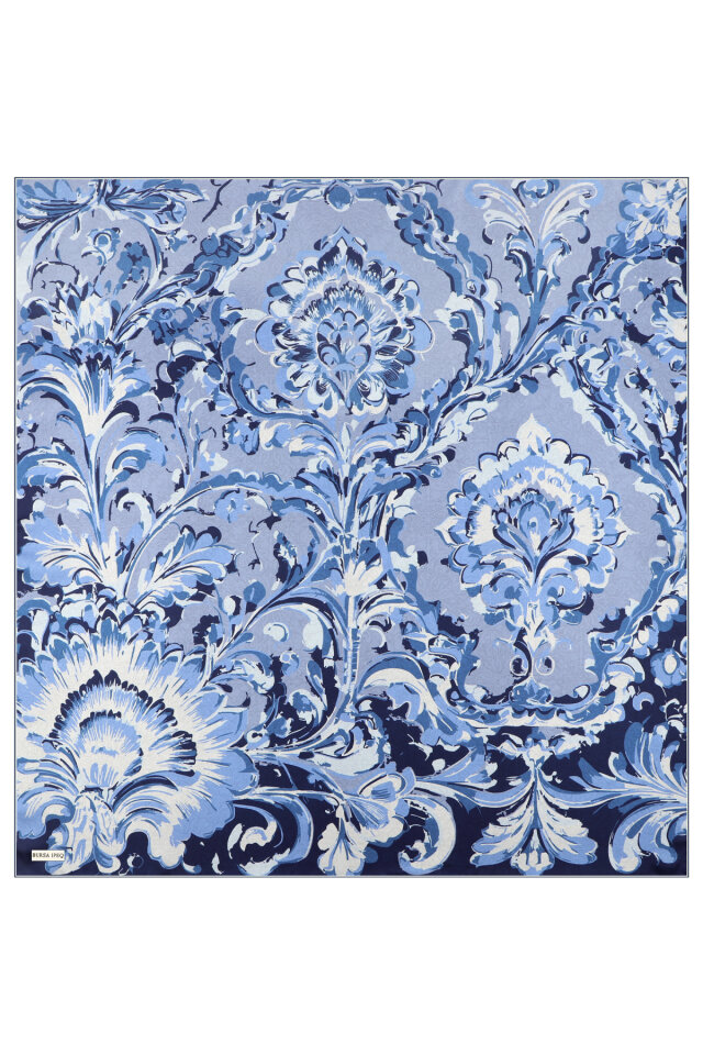 Navy Blue Flower Pattern Twill Silk Scarf - 2