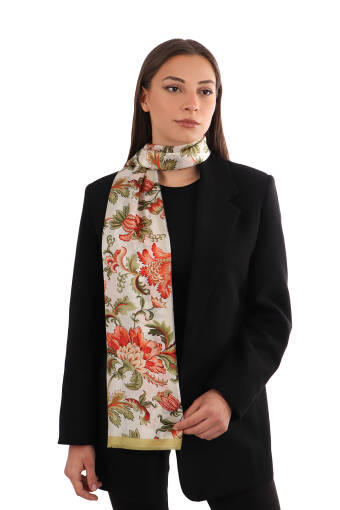Acid Green Floral Pattern Voile Silk Scarf 
