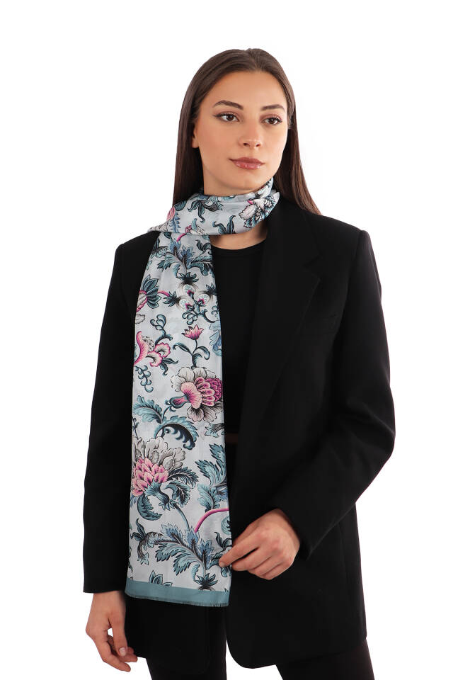 Baby Blue Floral Pattern Voile Silk Scarf 
