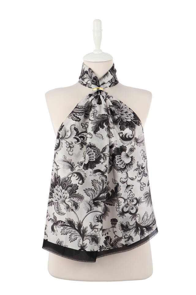 Black Floral Pattern Voile Silk Scarf - 2