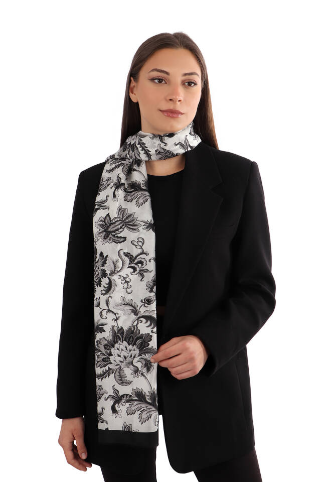 Black Floral Pattern Voile Silk Scarf - Bursa İpek