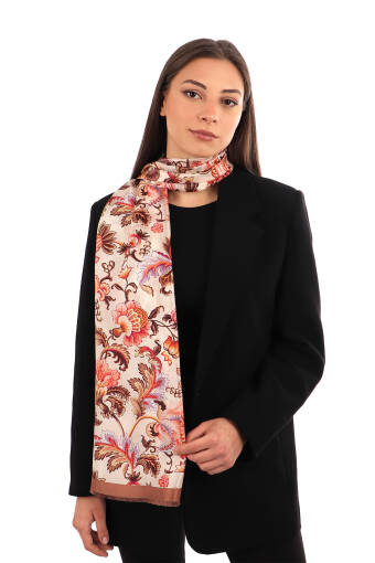 Brown Floral Pattern Voile Silk Scarf 
