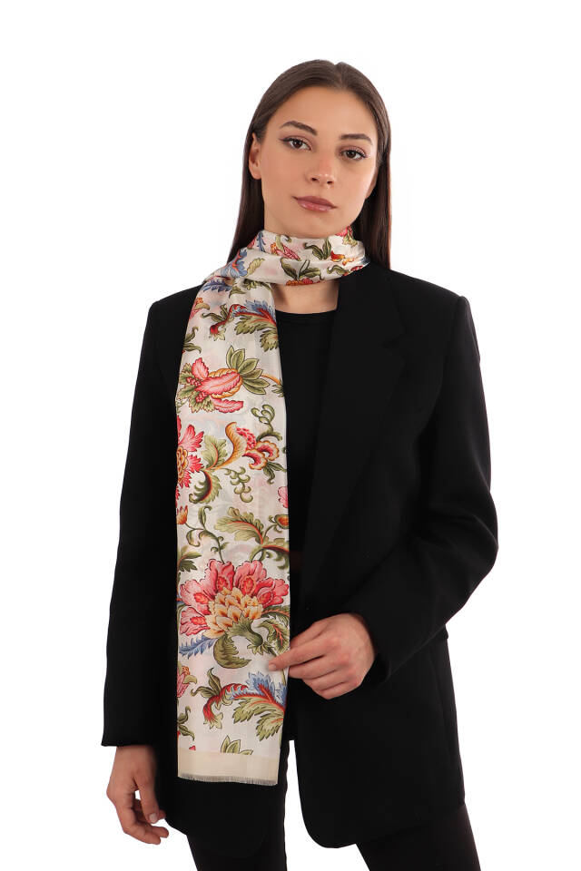Cream Floral Pattern Voile Silk Scarf 