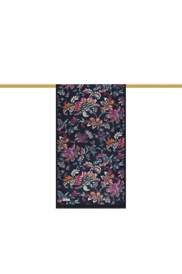 Navy Blue Floral Pattern Voile Silk Scarf - 3