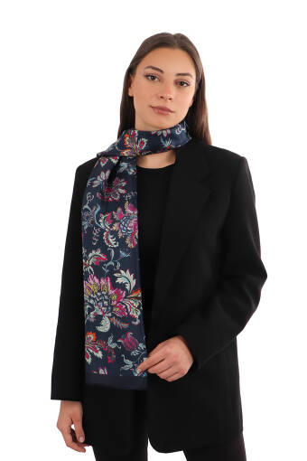 Navy Blue Floral Pattern Voile Silk Scarf 