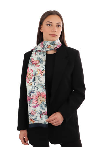 Navy Blue Floral Pattern Voile Silk Scarf 