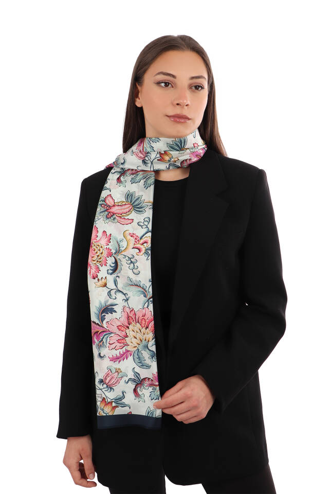 Navy Blue Floral Pattern Voile Silk Scarf 
