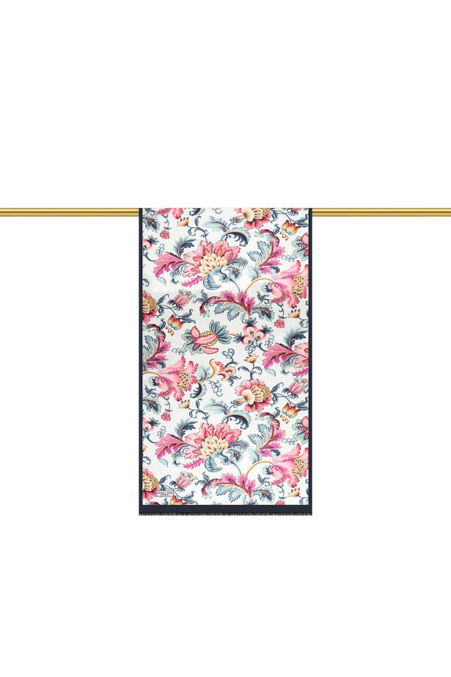 Navy Blue Floral Pattern Voile Silk Scarf - 3