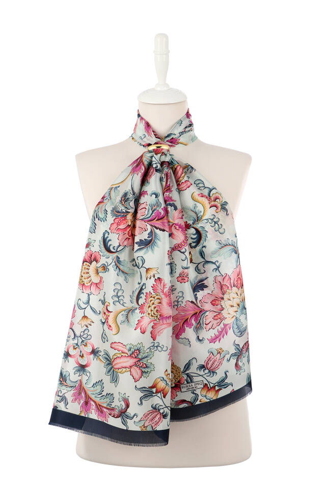 Navy Blue Floral Pattern Voile Silk Scarf - 2