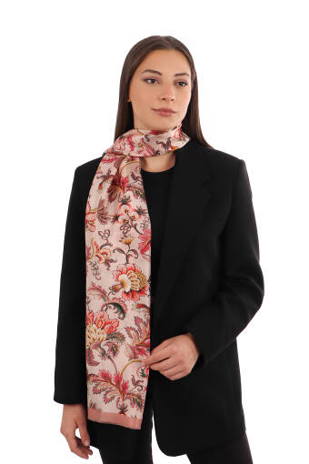 Salmon Floral Pattern Voile Silk Scarf 