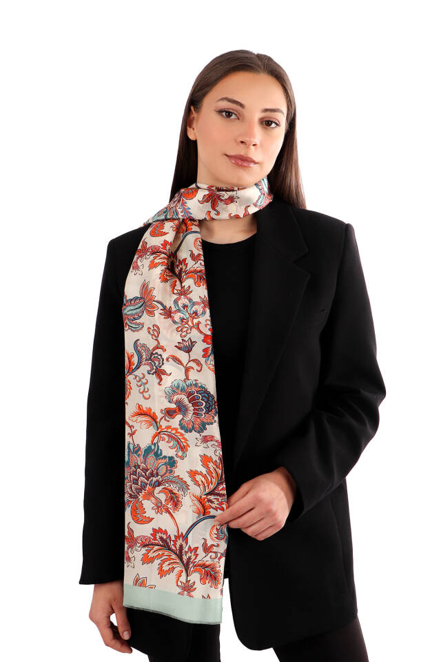 Aqua Green Floral Pattern Voile Silk Scarf 