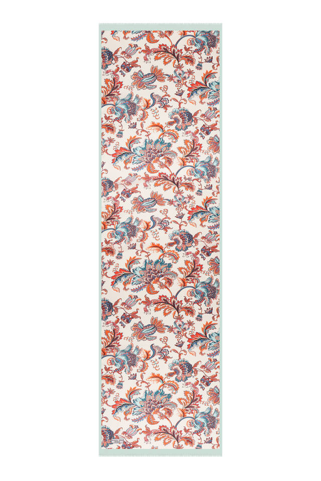 Aqua Green Floral Pattern Voile Silk Scarf - 4