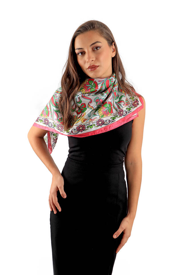 Fuchsia Floral Pattern Voile Silk Square Scarf - 3