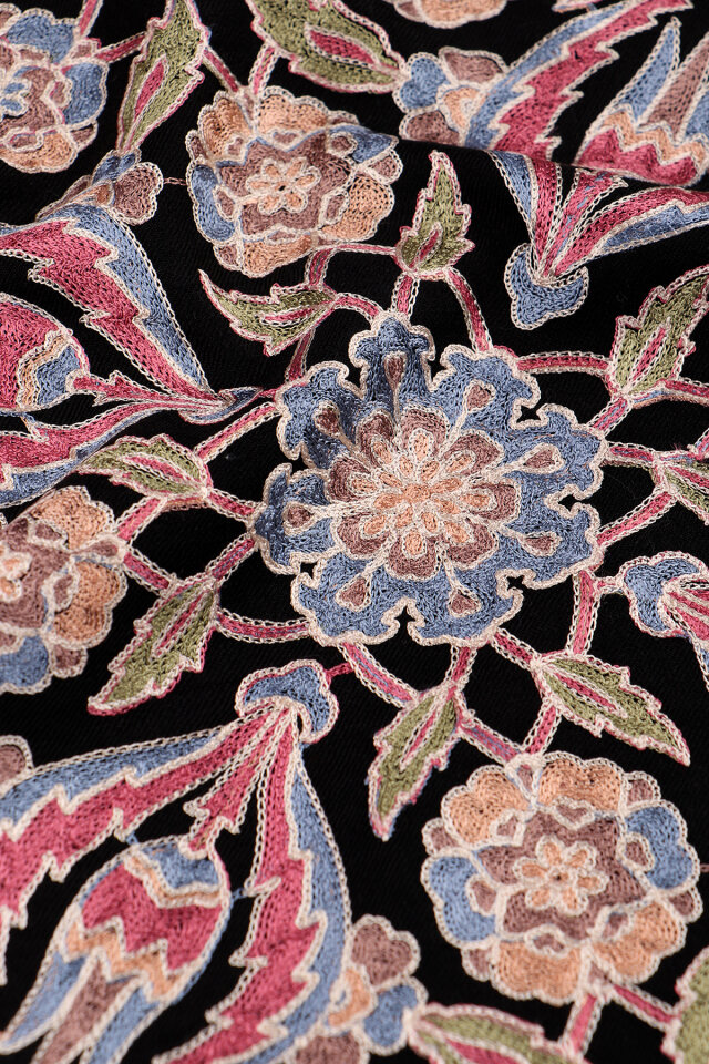 Black Fully Embroidered Suzani Wool Shawl - 4
