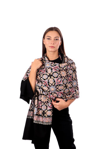 Black Fully Embroidered Suzani Wool Shawl 